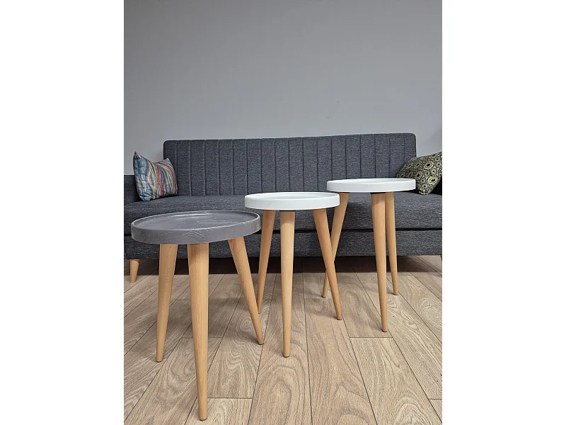 Tables gigognes, set de 3, pieds en bois, colorés (Blanc et Anthracite)