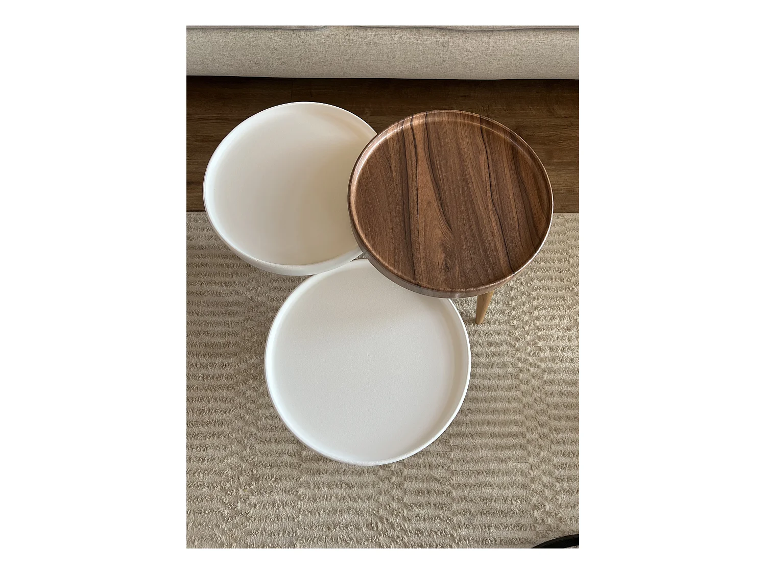 Tables gigognes, set de 3, pieds en bois, tables basses, colorés (Blanc et Noyer)