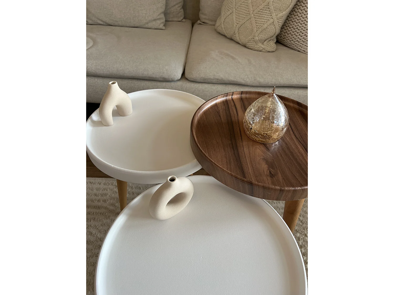 Tables gigognes, set de 3, pieds en bois, tables basses, colorés (Blanc et Noyer)