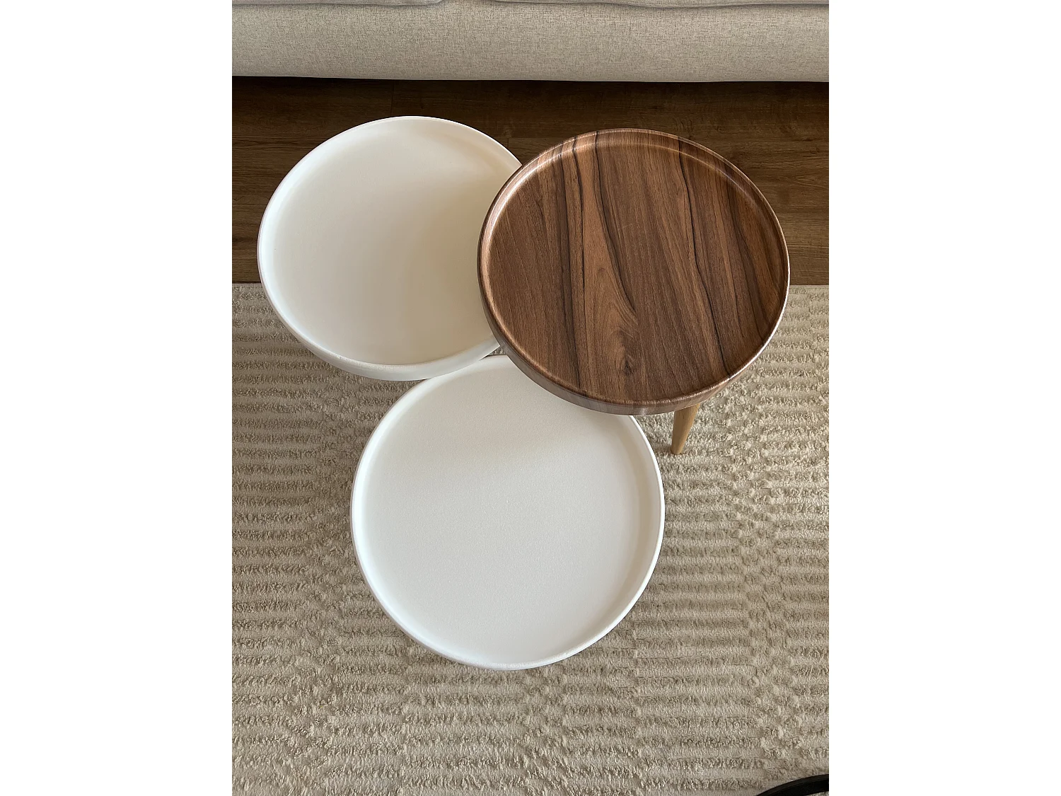 Tables gigognes, set de 3, pieds en bois, tables basses, colorés (Blanc et Noyer)