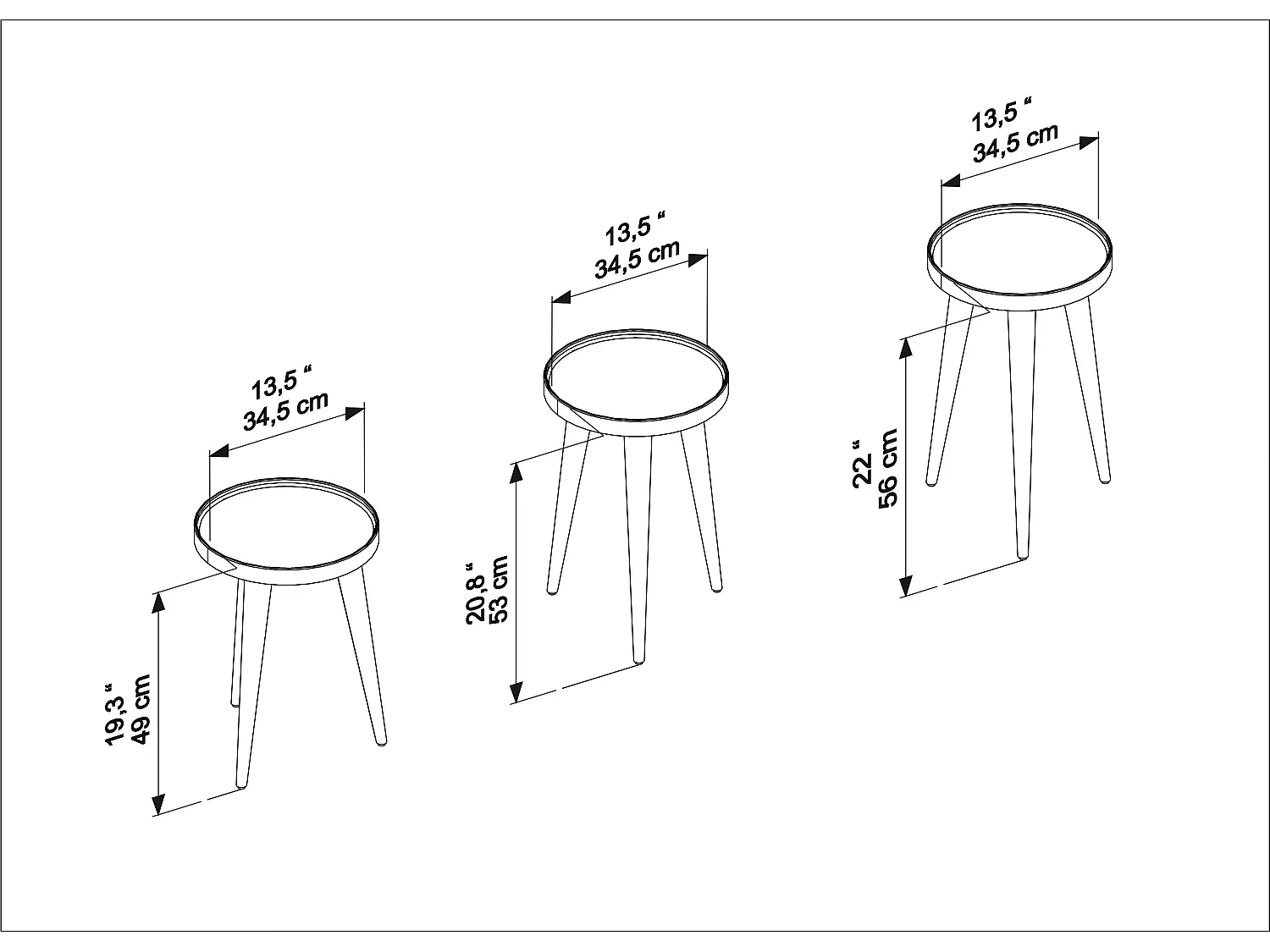 Tables gigognes, set de 3, pieds en bois, tables basses, colorés (Blanc et Noyer)