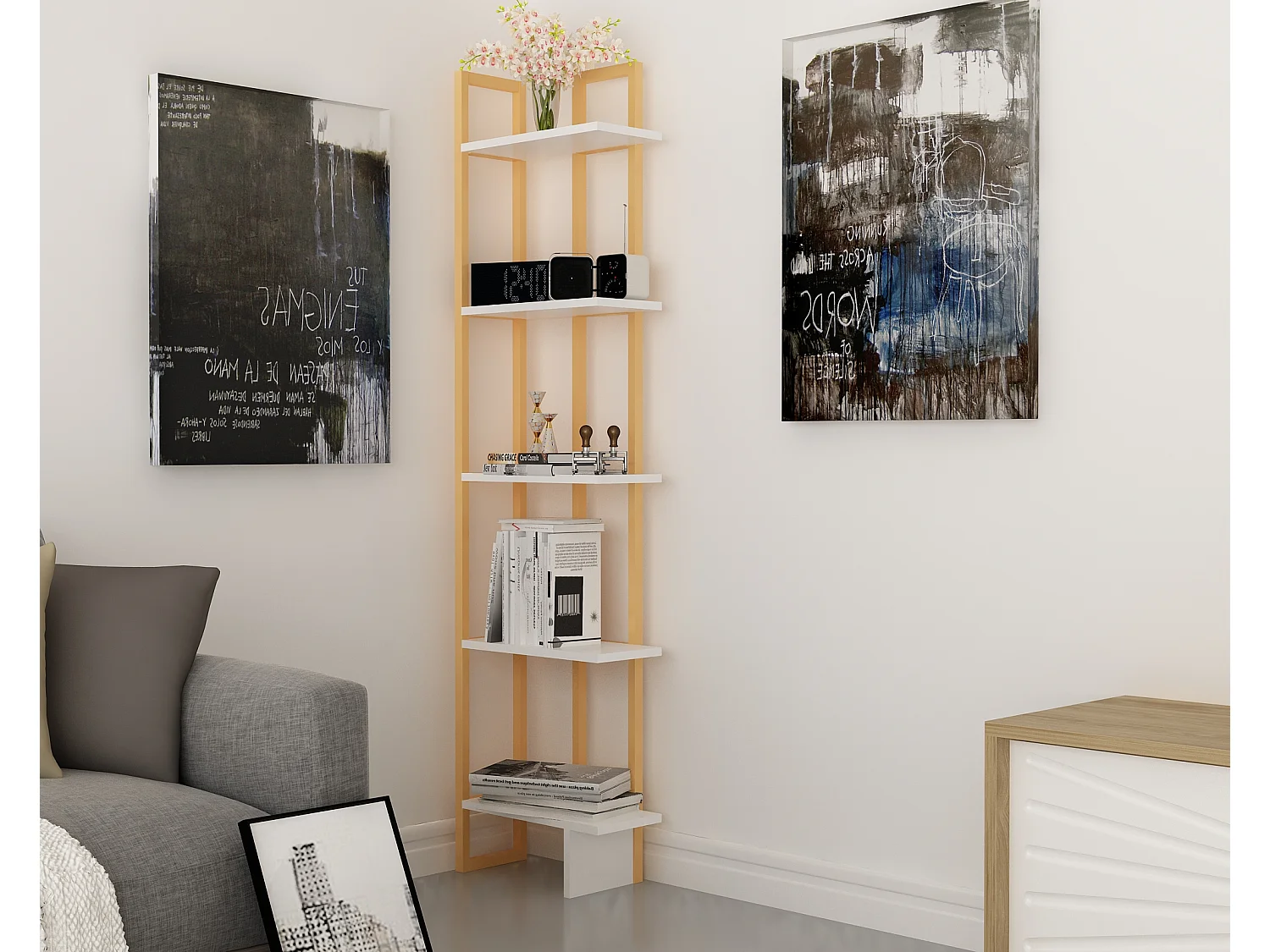 Bibliothèque d'angle 5-étagères Alice avec le cadre en métal (Blanc et Doré)