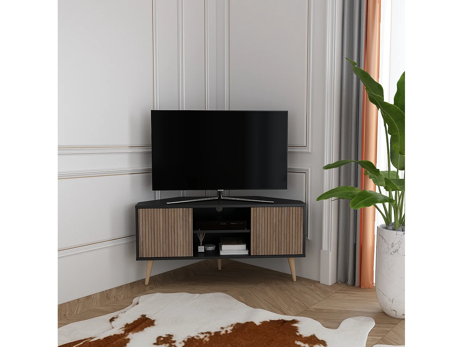 Decorotika Lesson 120 cm Corner TV Unit for TVs up to 51 inches with Cabinets and Open Shelves