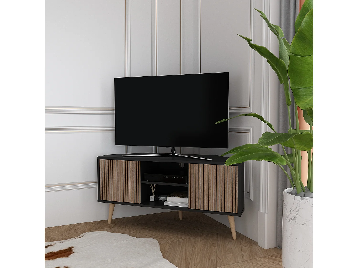 Decorotika Lesson 120 cm Corner TV Unit for TVs up to 51 inches with Cabinets and Open Shelves