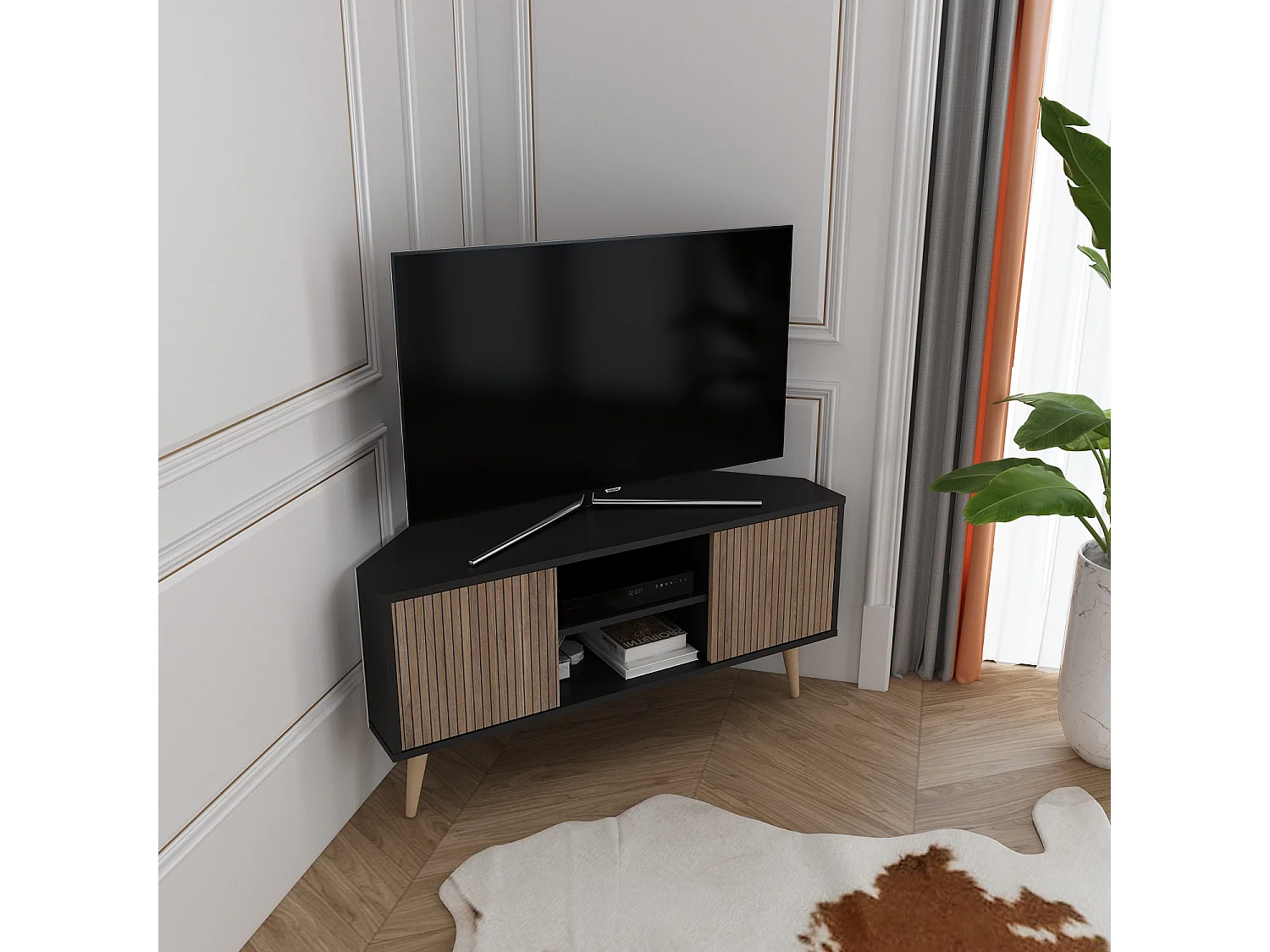 Decorotika Lesson 120 cm Corner TV Unit for TVs up to 51 inches with Cabinets and Open Shelves