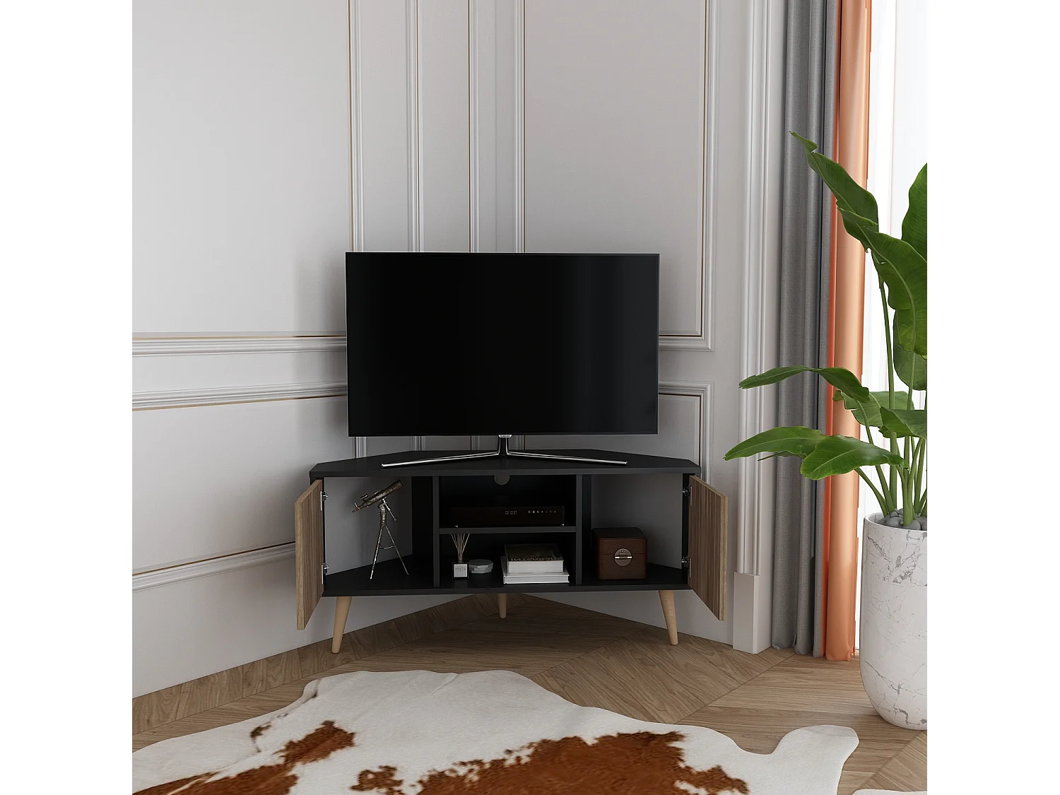 Decorotika Lesson 120 cm Corner TV Unit for TVs up to 51 inches with Cabinets and Open Shelves