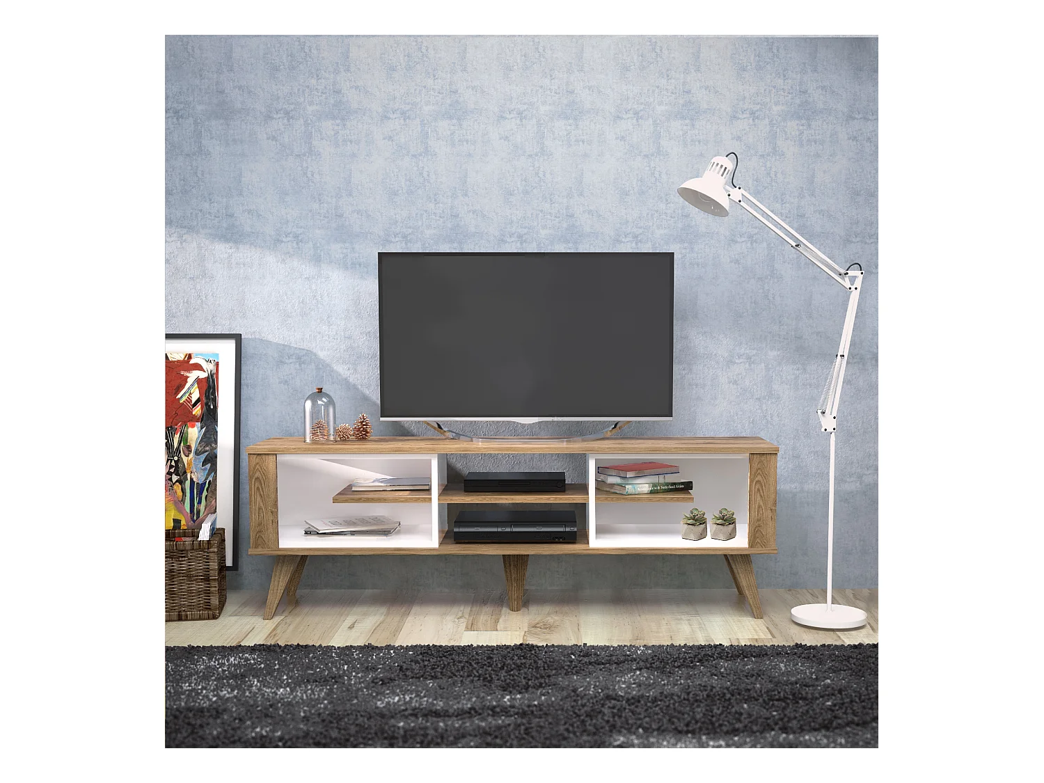 Meuble TV Ionis de 160 cm avec niches (Blanc et Oud)
