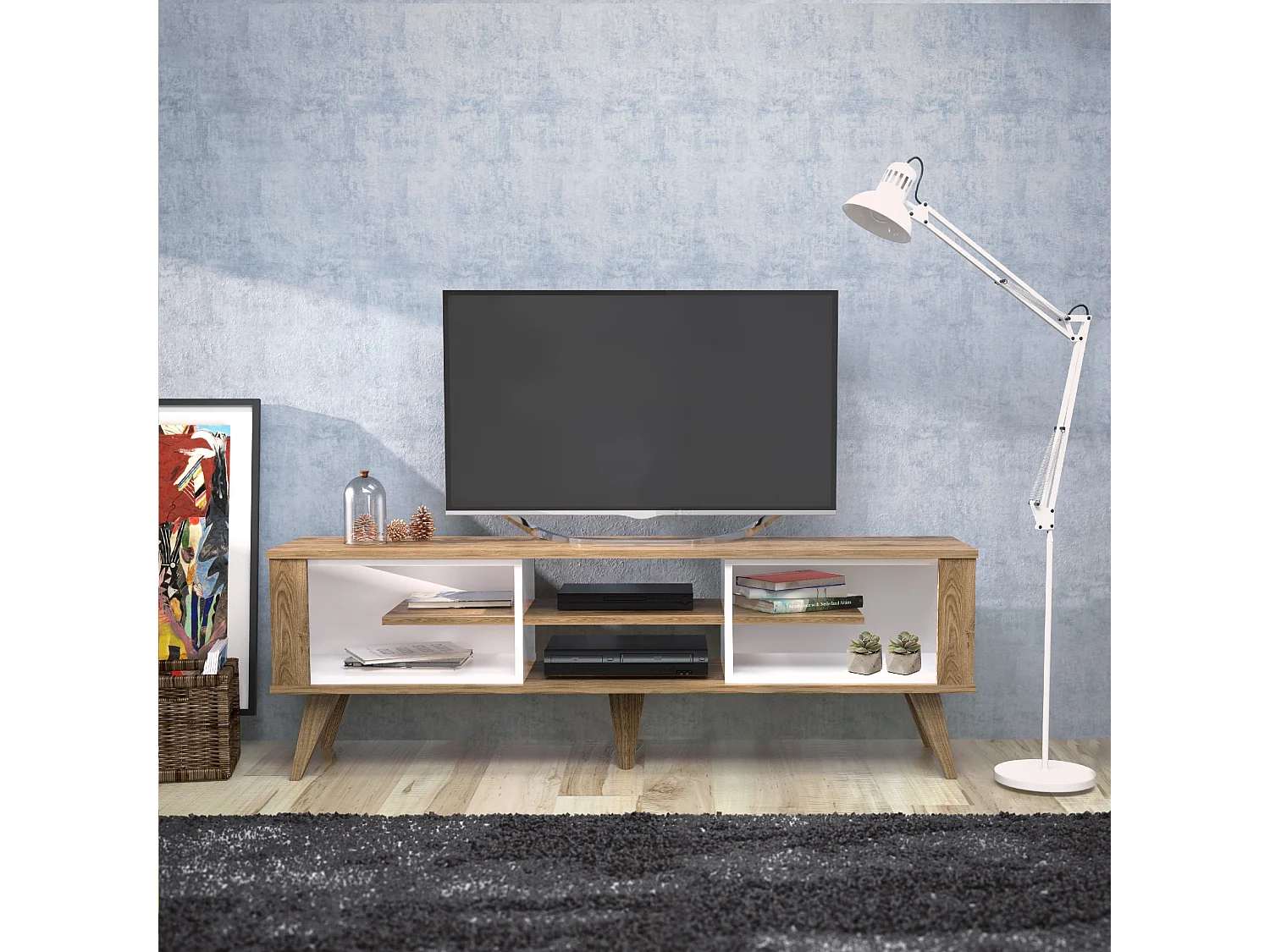 Meuble TV Ionis de 160 cm avec niches (Blanc et Oud)
