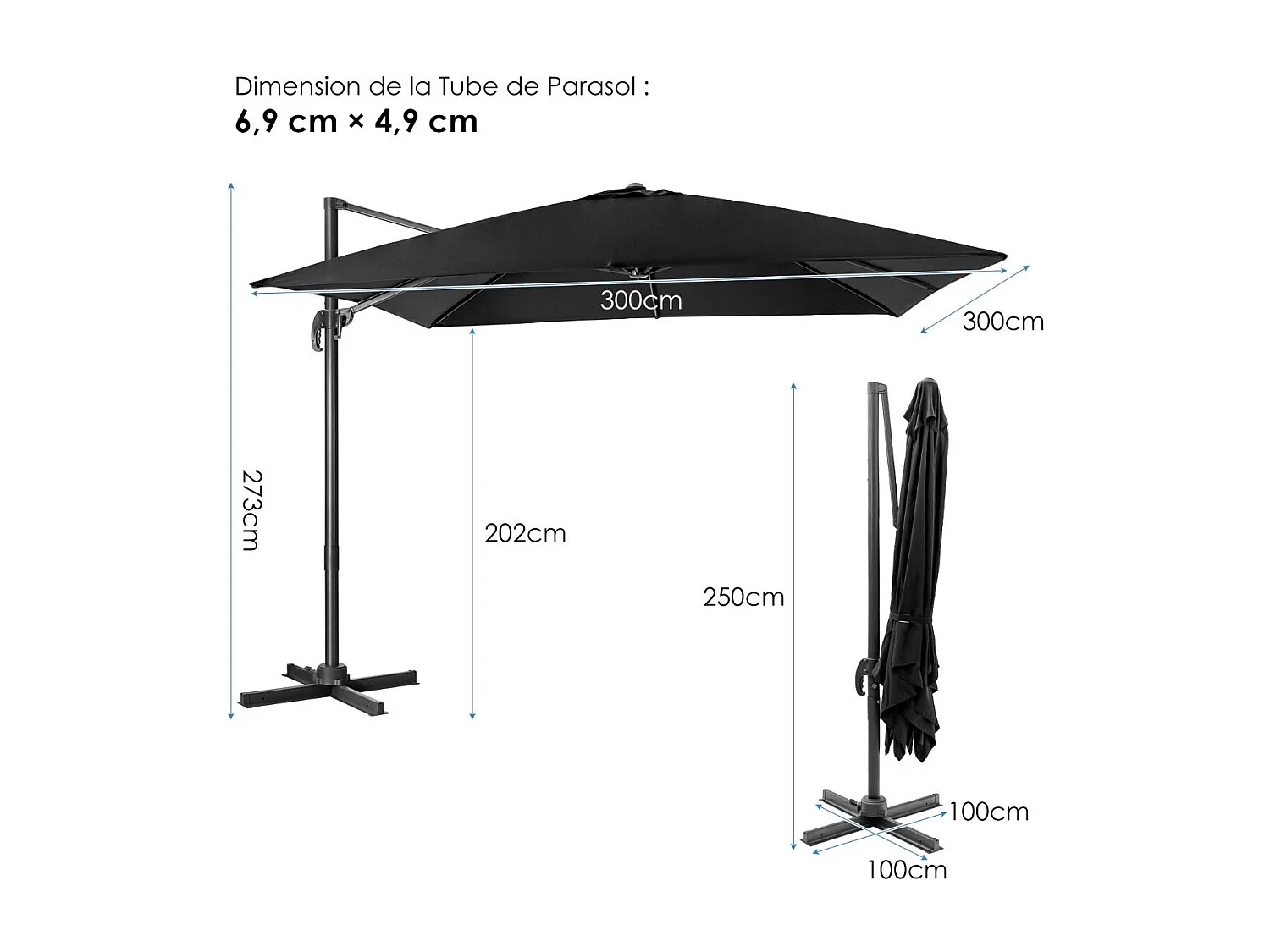 Parasol Déporté Pliable, Parasol de Jardin Extérieur Ø 3M, 3 Réglages d'Inclinaison Rotation à 360°, avec Base Croisée, Protection UV, Event pour Jardin, Terrasse