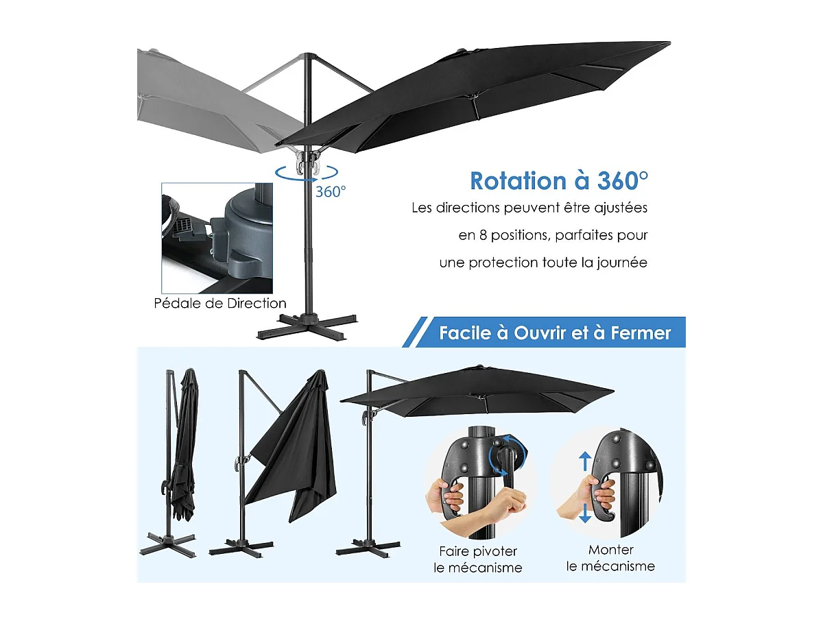 Parasol Déporté Pliable, Parasol de Jardin Extérieur Ø 3M, 3 Réglages d'Inclinaison Rotation à 360°, avec Base Croisée, Protection UV, Event pour Jardin, Terrasse