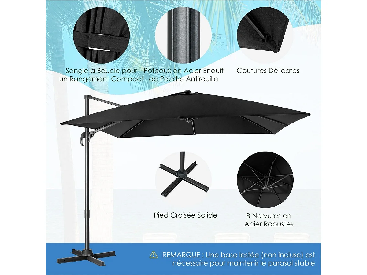 Parasol Déporté Pliable, Parasol de Jardin Extérieur Ø 3M, 3 Réglages d'Inclinaison Rotation à 360°, avec Base Croisée, Protection UV, Event pour Jardin, Terrasse