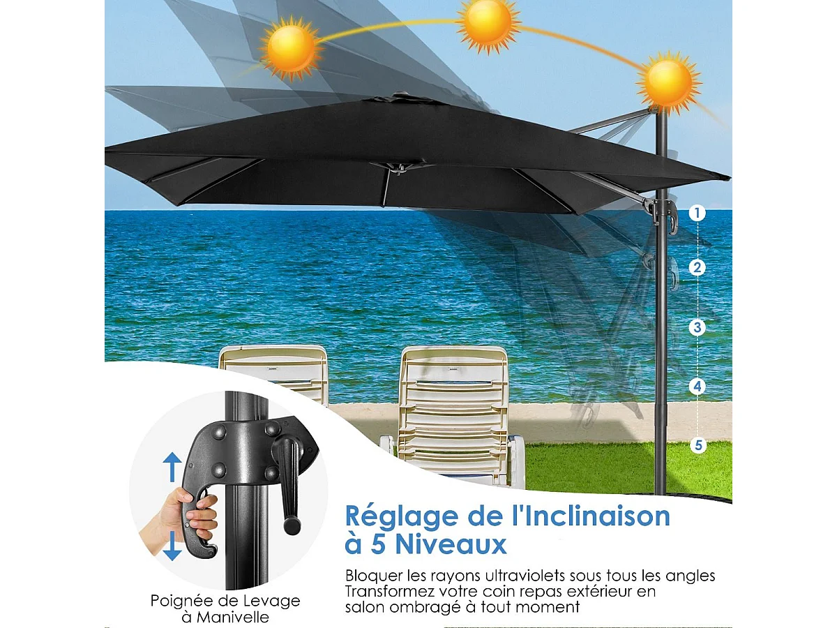 Parasol Déporté Pliable, Parasol de Jardin Extérieur Ø 3M, 3 Réglages d'Inclinaison Rotation à 360°, avec Base Croisée, Protection UV, Event pour Jardin, Terrasse