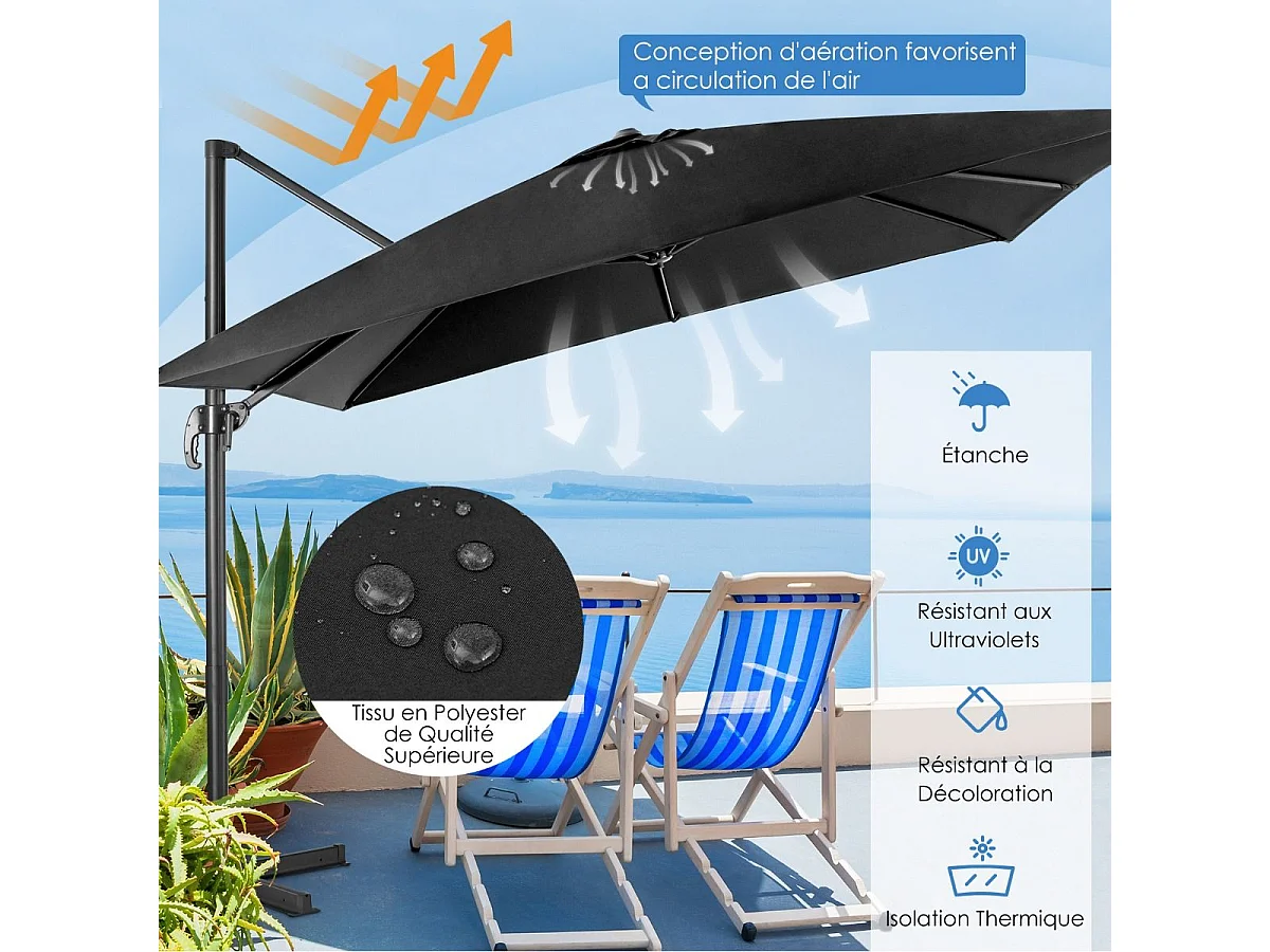 Parasol Déporté Pliable, Parasol de Jardin Extérieur Ø 3M, 3 Réglages d'Inclinaison Rotation à 360°, avec Base Croisée, Protection UV, Event pour Jardin, Terrasse