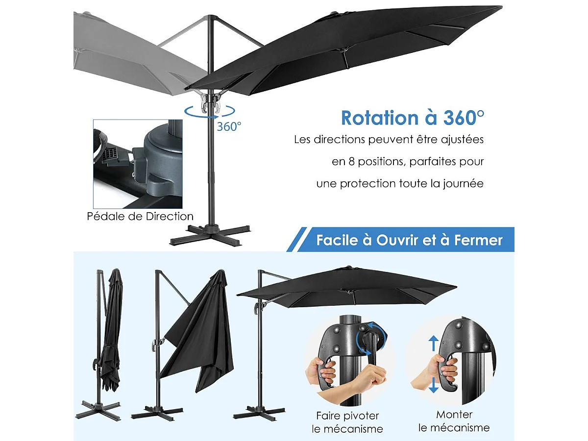 Parasol Déporté Pliable, Parasol de Jardin Extérieur Ø 3M, 3 Réglages d'Inclinaison Rotation à 360°, avec Base Croisée, Protection UV, Event pour Jardin, Terrasse