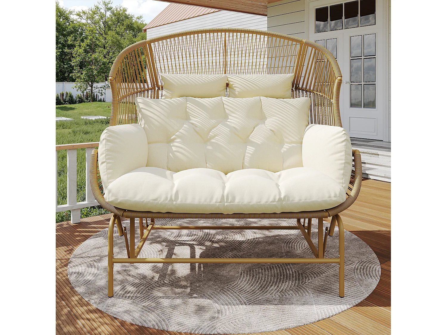 2-Sitzer-Schaukelstuhl aus Stahl für den Garten – PE-Rattan + Eisen + wasserdichter Stoff – Natur