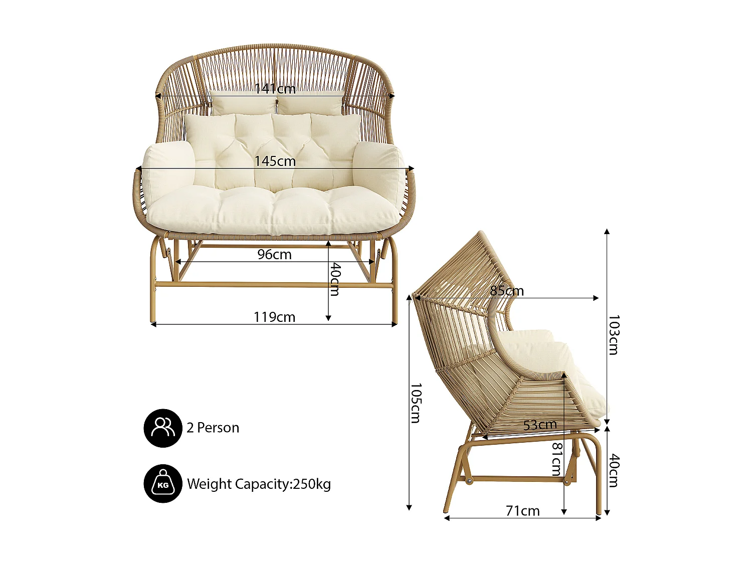 2-Sitzer-Schaukelstuhl aus Stahl für den Garten – PE-Rattan + Eisen + wasserdichter Stoff – Natur