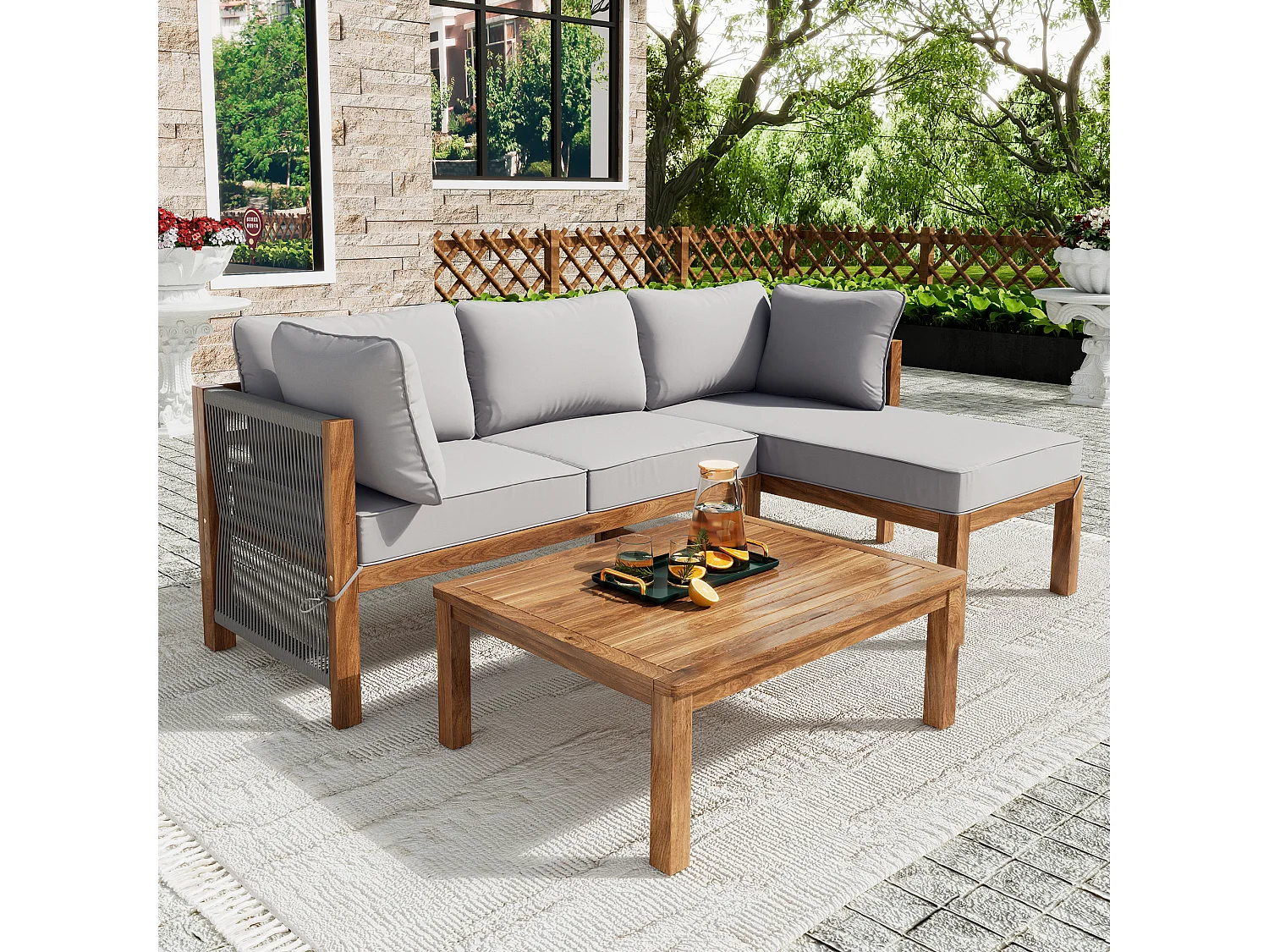 Modulaire tuinmeubelen in acaciahout: 1 hoekbank + 1 salontafel - Grijs + bruin