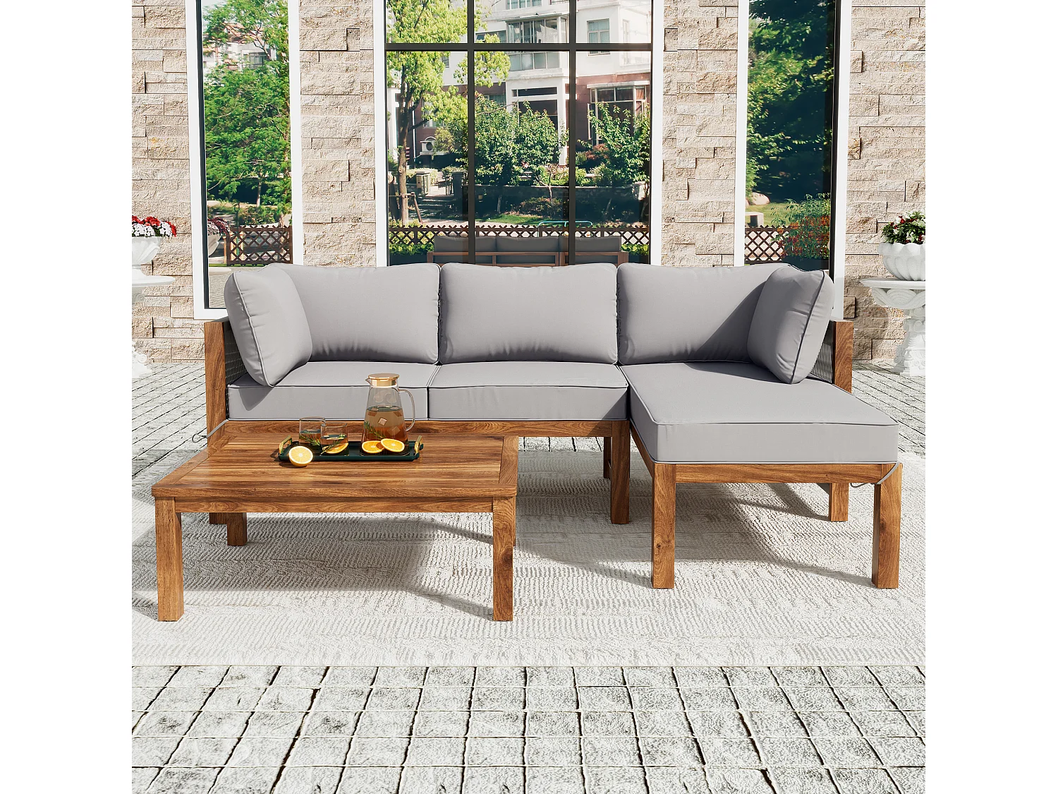 Modulaire tuinmeubelen in acaciahout: 1 hoekbank + 1 salontafel - Grijs + bruin