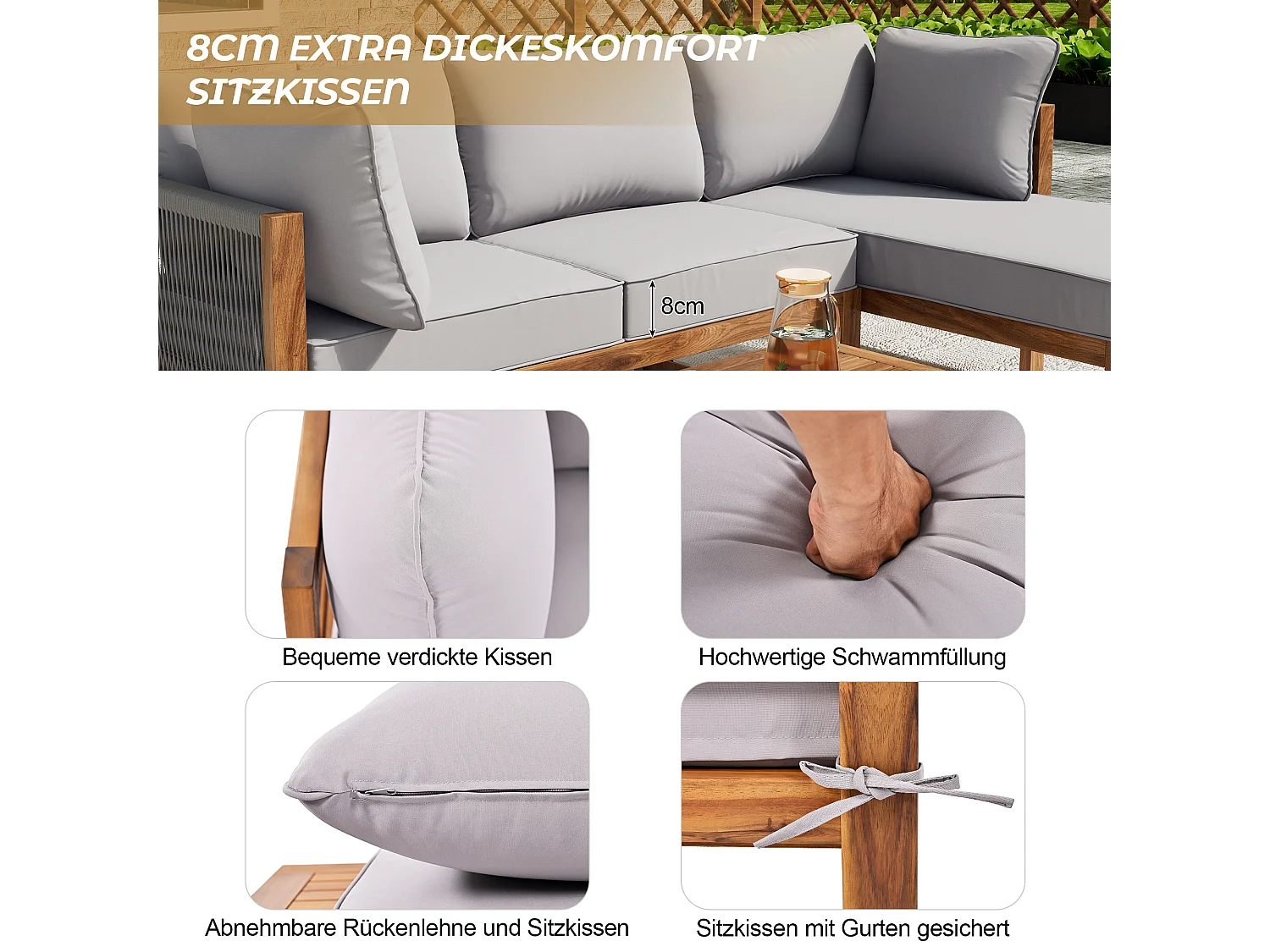 Modulaire tuinmeubelen in acaciahout: 1 hoekbank + 1 salontafel - Grijs + bruin