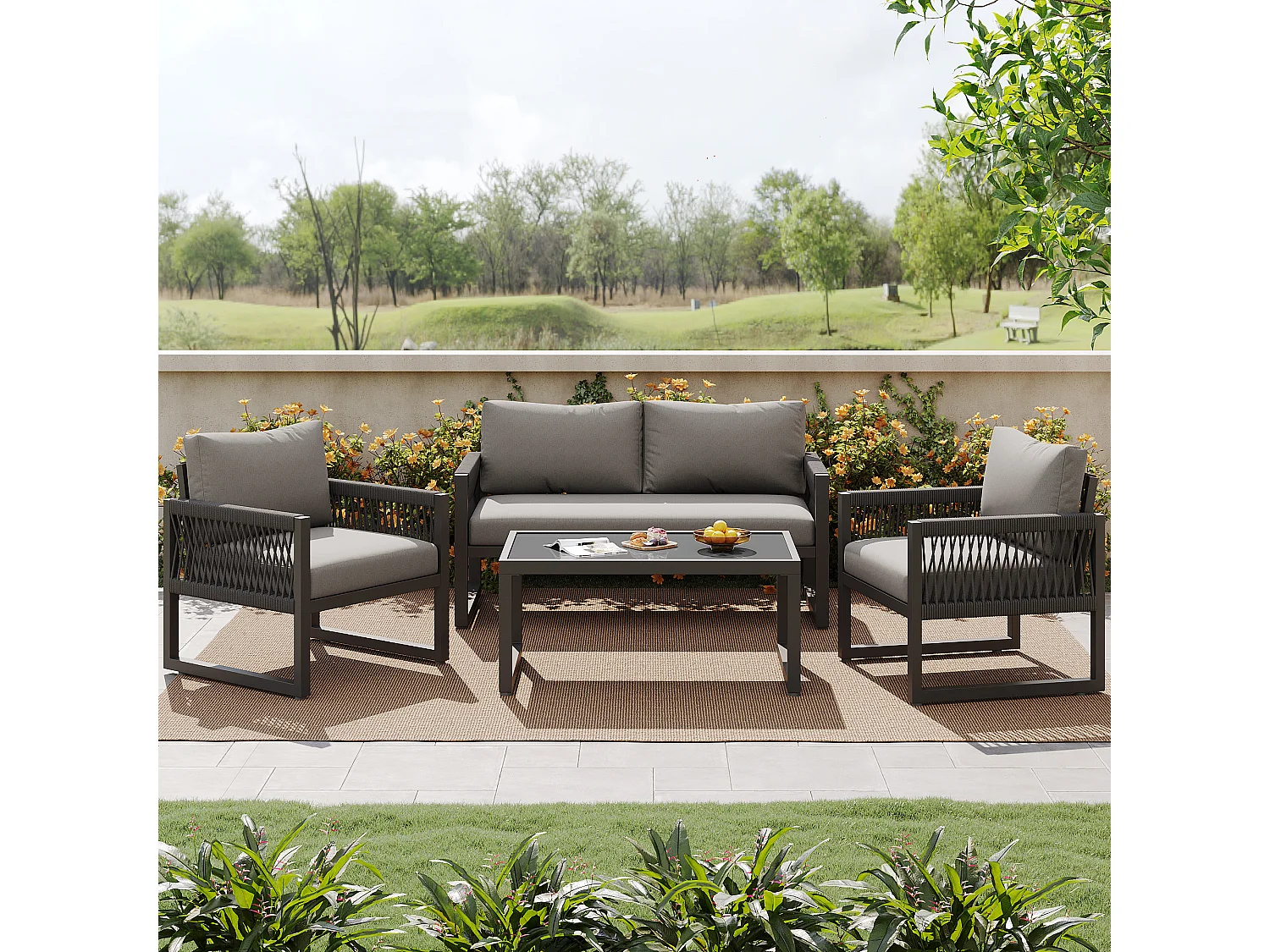 Salon de jardin en fer galvanisé - un canapé 2 places, 2 fauteuils et une table basse - Gris