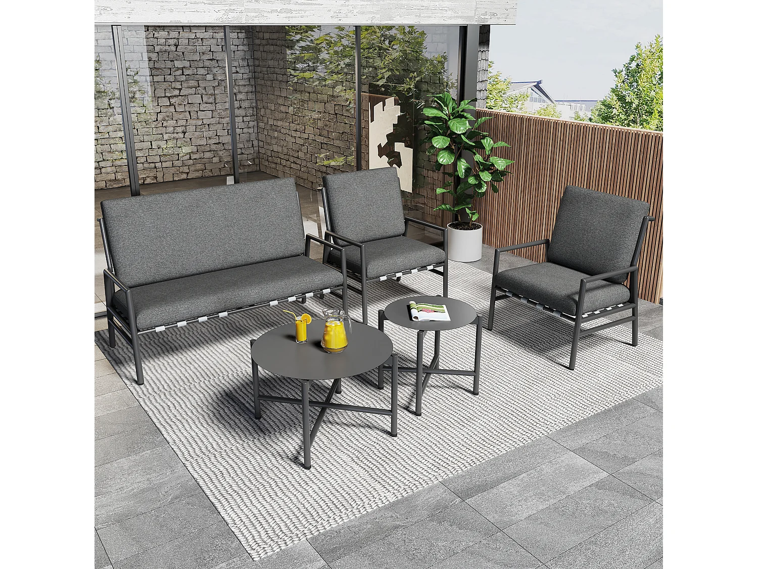 Salon de jardin modulable en fer galvanisé : 1 canapé 2 places + 2 fauteuils + tables basses gigognes - Gris