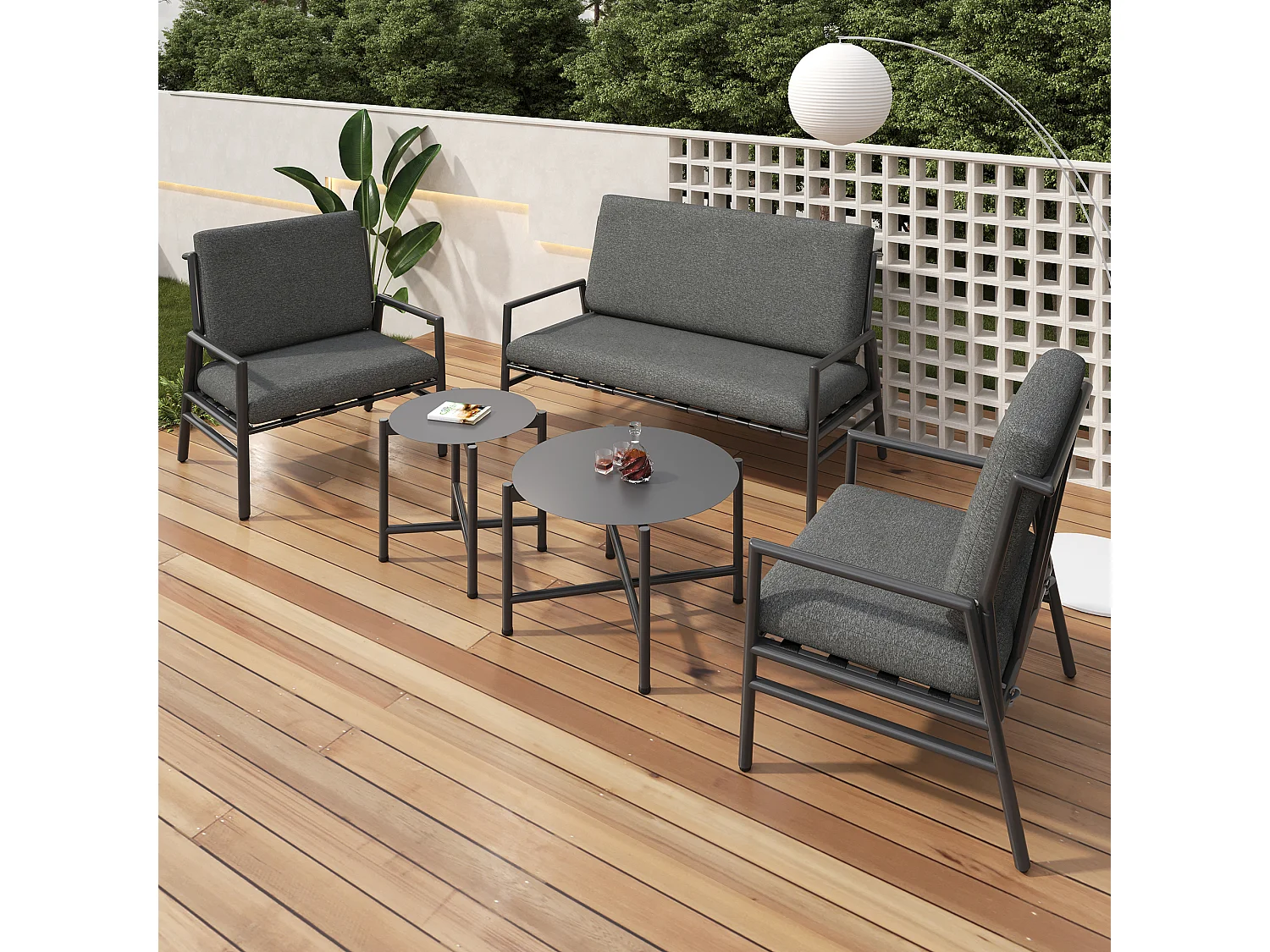 Salon de jardin modulable en fer galvanisé : 1 canapé 2 places + 2 fauteuils + tables basses gigognes - Gris