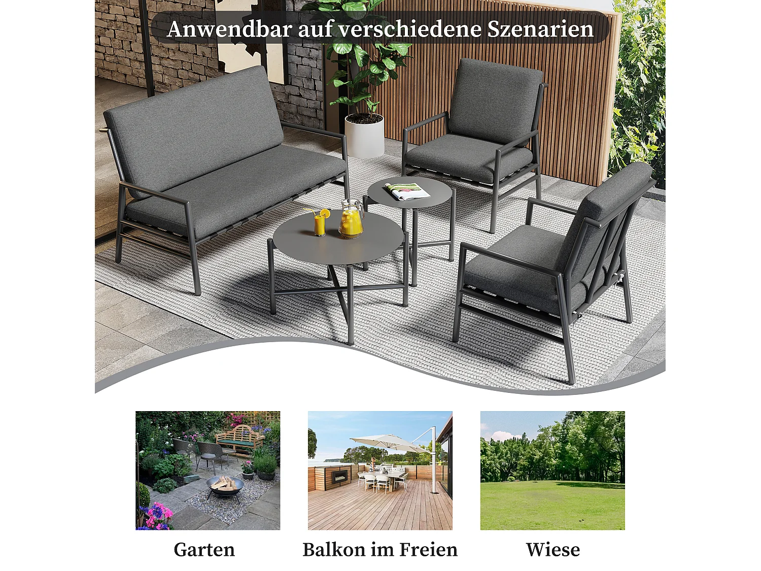 Salon de jardin modulable en fer galvanisé : 1 canapé 2 places + 2 fauteuils + tables basses gigognes - Gris