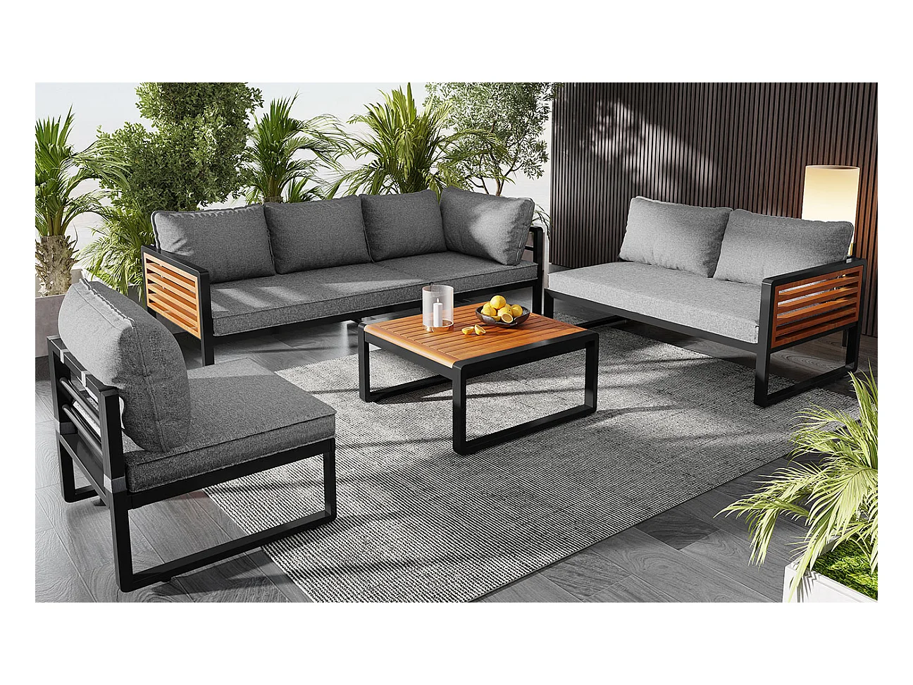 Zestaw mebli ogrodowych modułowych z ocynkowanego żelaza: 1 narożna sofa 6-osobowa + 1 stolik kawowy - Szary