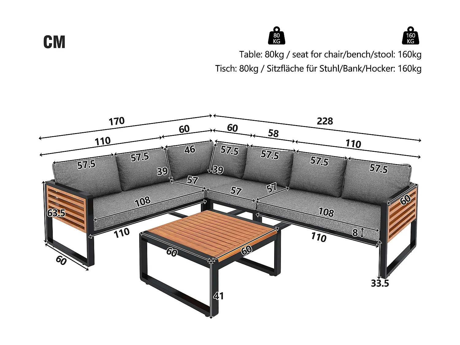 Zestaw mebli ogrodowych modułowych z ocynkowanego żelaza: 1 narożna sofa 6-osobowa + 1 stolik kawowy - Szary