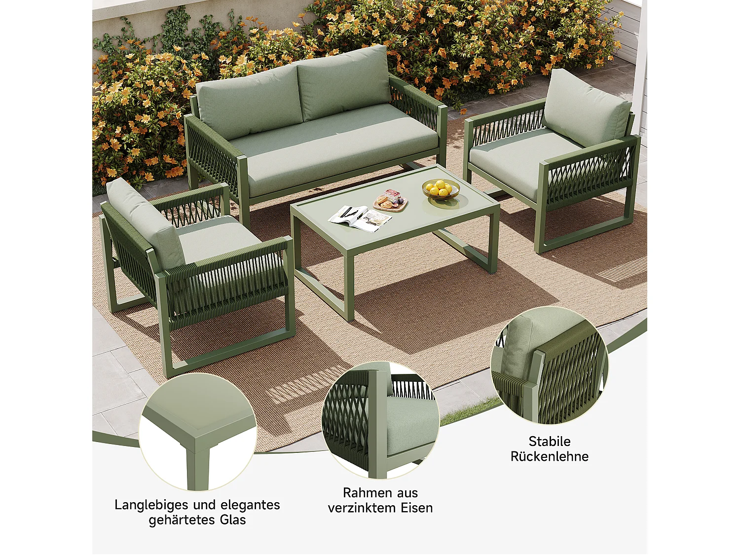 Gegalvaniseerd ijzeren tuinmeubilair - 2-zitsbank, 2 fauteuils en een salontafel - Groen