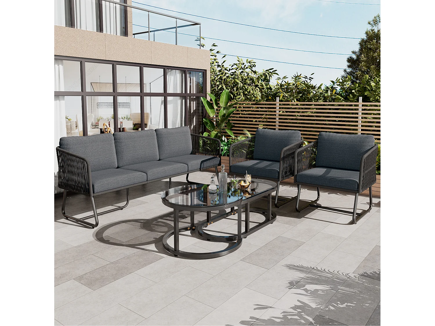 Mobiliario de jardín modular en hierro galvanizado: 1 sofá 3 plazas + 2 sillones + mesas de centro nido - Gris