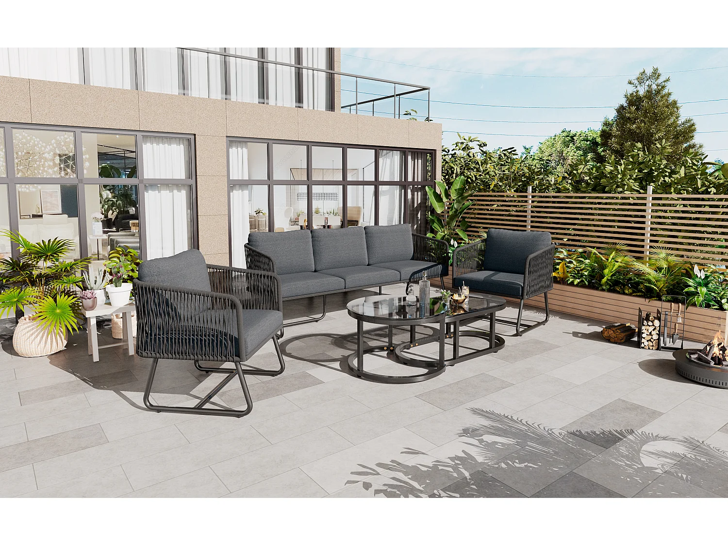 Mobiliario de jardín modular en hierro galvanizado: 1 sofá 3 plazas + 2 sillones + mesas de centro nido - Gris