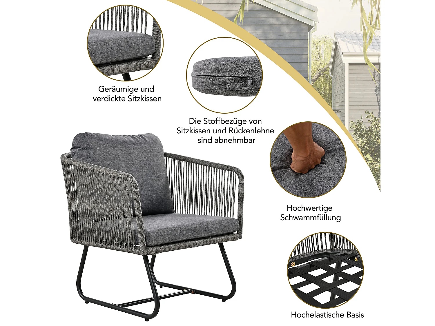 Mobiliario de jardín modular en hierro galvanizado: 1 sofá 3 plazas + 2 sillones + mesas de centro nido - Gris