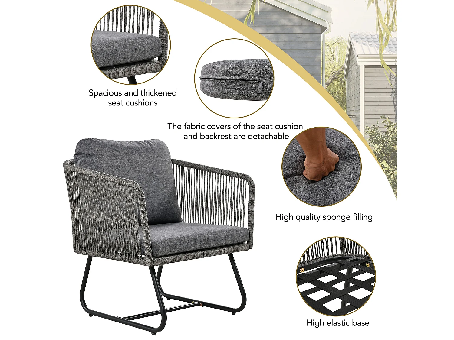 Mobiliario de jardín modular en hierro galvanizado: 1 sofá 3 plazas + 2 sillones + mesas de centro nido - Gris