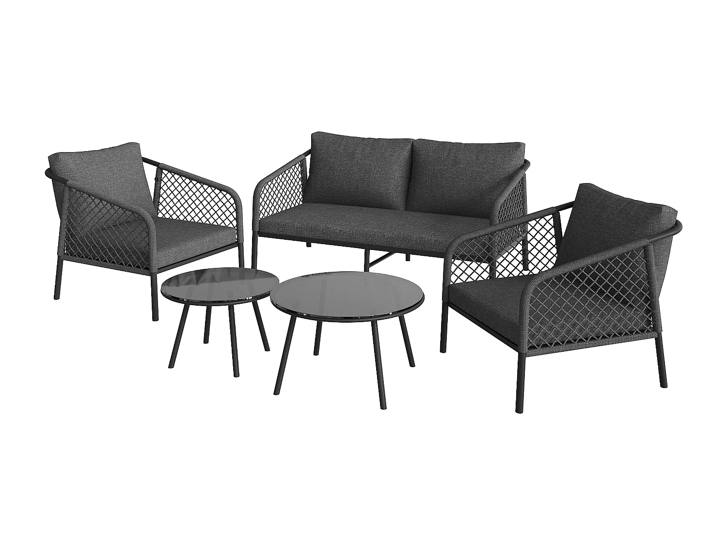 Zestaw mebli ogrodowych metalowych - sofa 2-osobowa, 2 fotele i składane stoliki kawowe - Szary