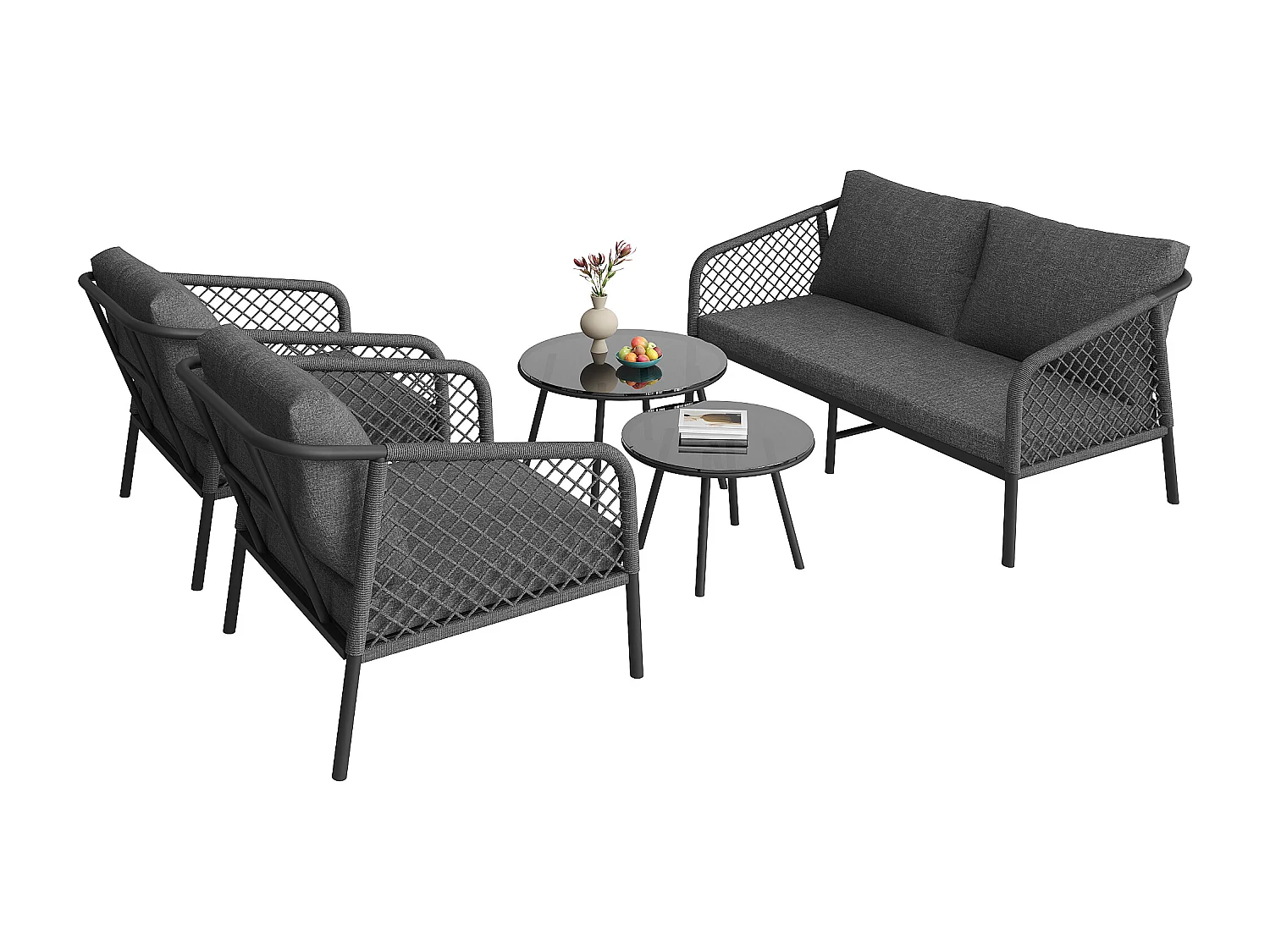 Zestaw mebli ogrodowych metalowych - sofa 2-osobowa, 2 fotele i składane stoliki kawowe - Szary