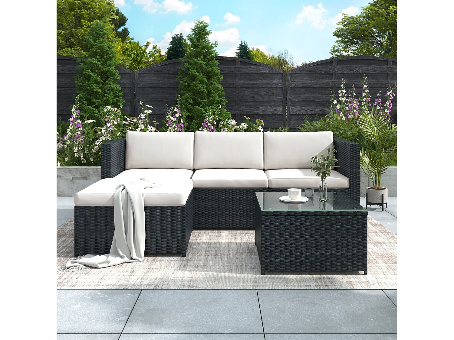 Zestaw mebli ogrodowych narożnych z wikliny żywicy 4-osobowy ze stolikiem kawowym - szklany blat - czarny