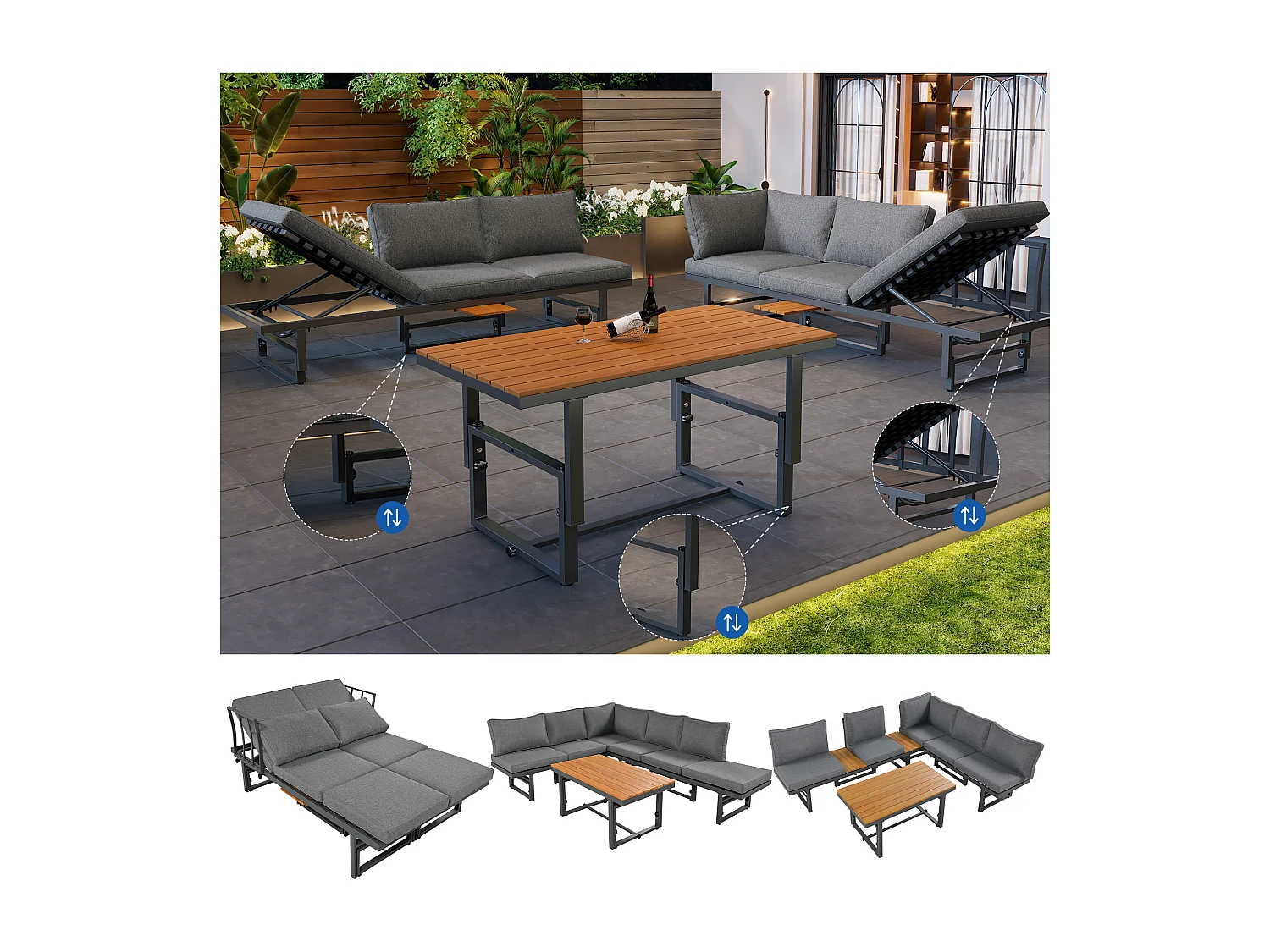 Zestaw mebli ogrodowych modułowych z ocynkowanego żelaza: 2 rozkładane sofy 3-osobowe + 1 stolik kawowy - Szary