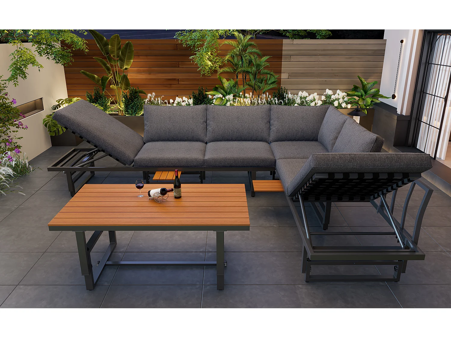 Zestaw mebli ogrodowych modułowych z ocynkowanego żelaza: 2 rozkładane sofy 3-osobowe + 1 stolik kawowy - Szary