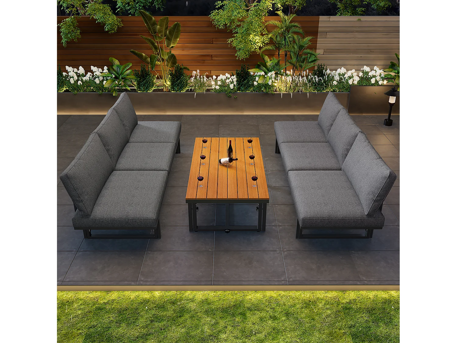 Zestaw mebli ogrodowych modułowych z ocynkowanego żelaza: 2 rozkładane sofy 3-osobowe + 1 stolik kawowy - Szary