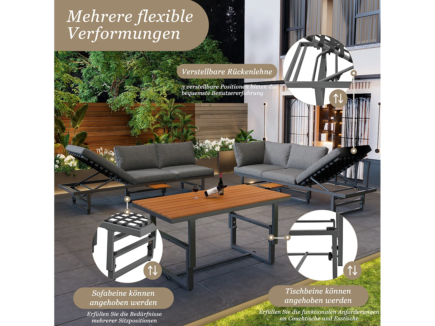 Zestaw mebli ogrodowych modułowych z ocynkowanego żelaza: 2 rozkładane sofy 3-osobowe + 1 stolik kawowy - Szary