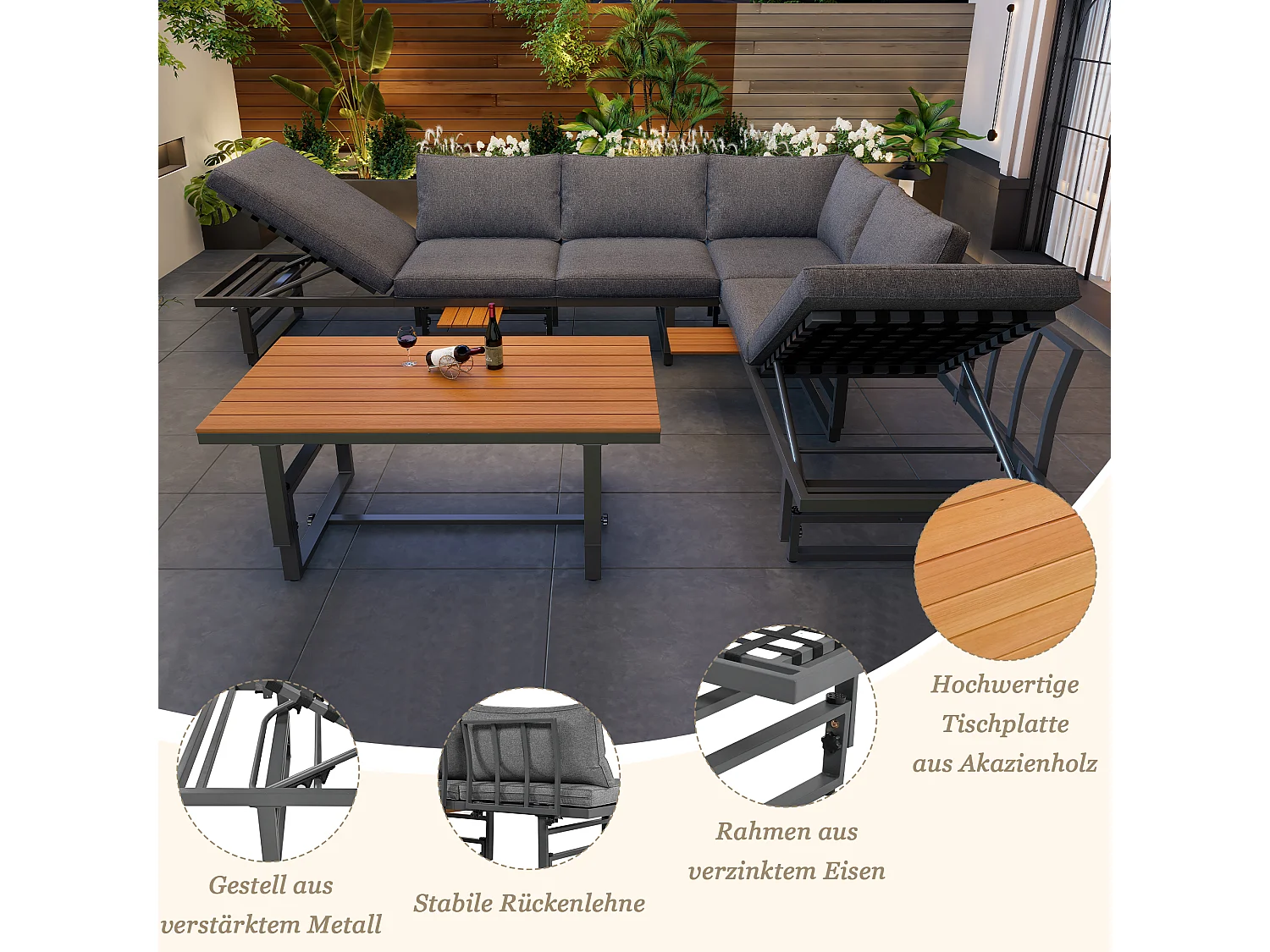 Zestaw mebli ogrodowych modułowych z ocynkowanego żelaza: 2 rozkładane sofy 3-osobowe + 1 stolik kawowy - Szary