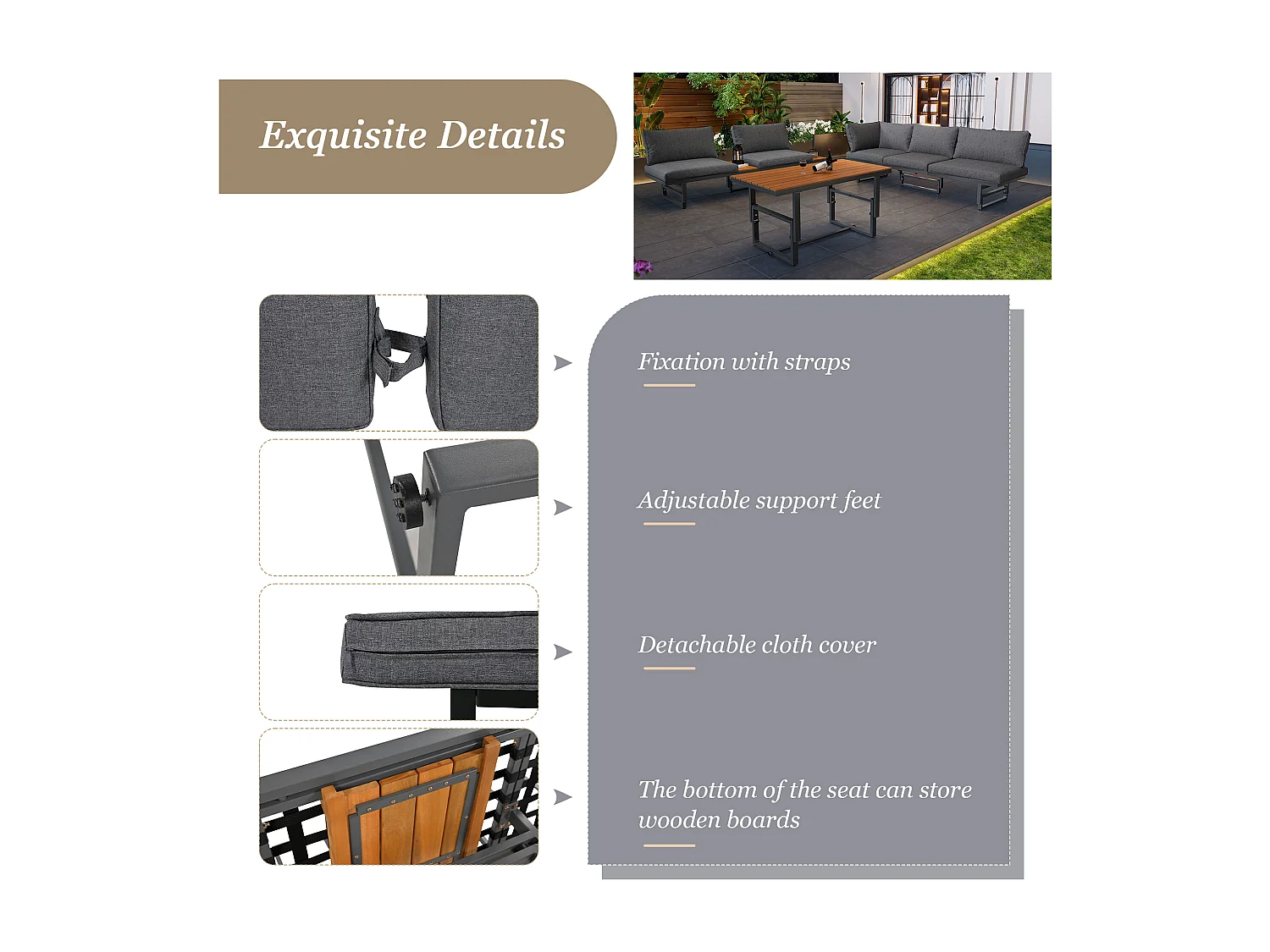 Zestaw mebli ogrodowych modułowych z ocynkowanego żelaza: 2 rozkładane sofy 3-osobowe + 1 stolik kawowy - Szary