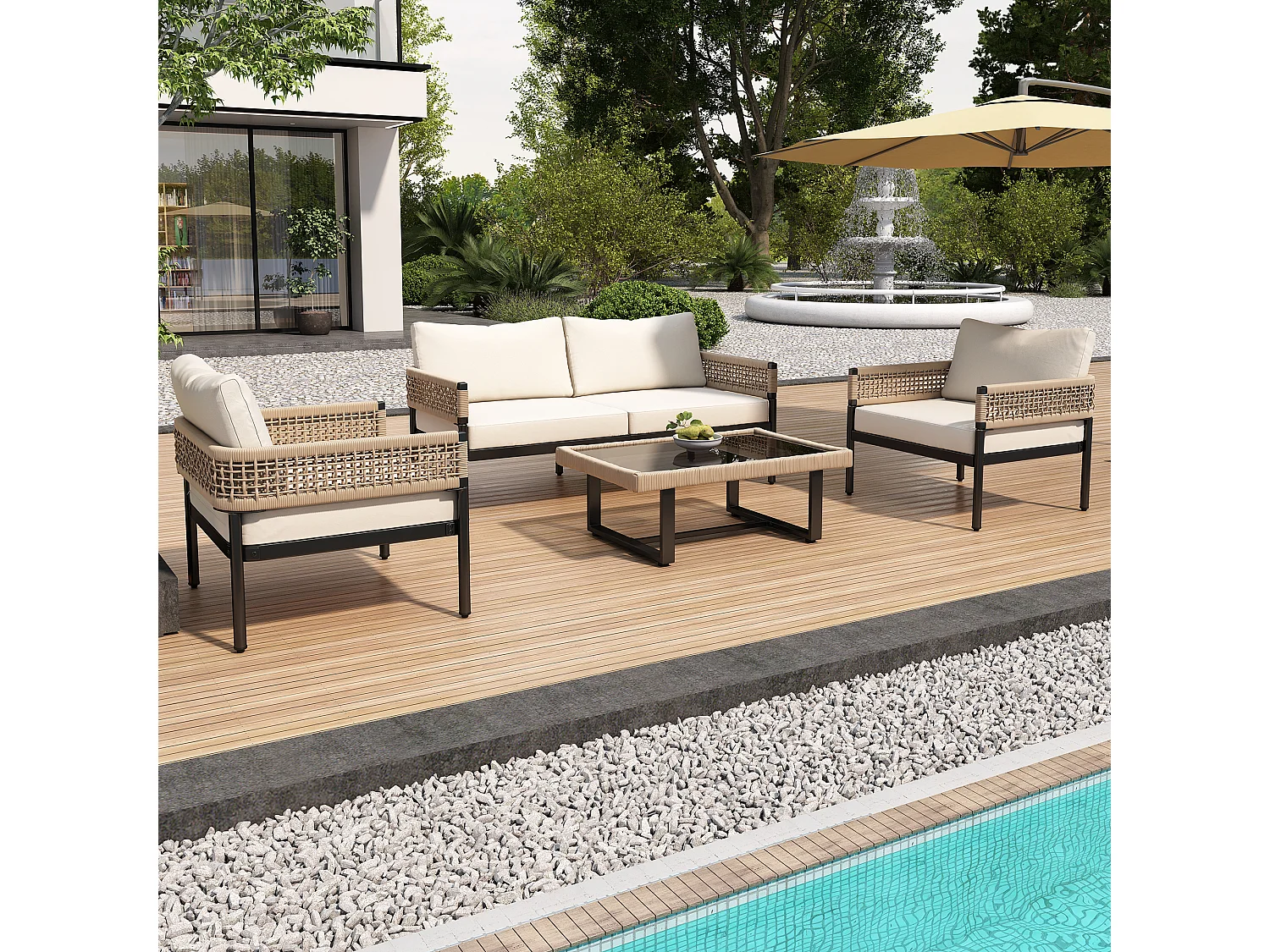 Gartenmöbel aus verzinktem Eisen - 2-Sitzer-Sofa, 2 Sessel und ein Couchtisch - Beige