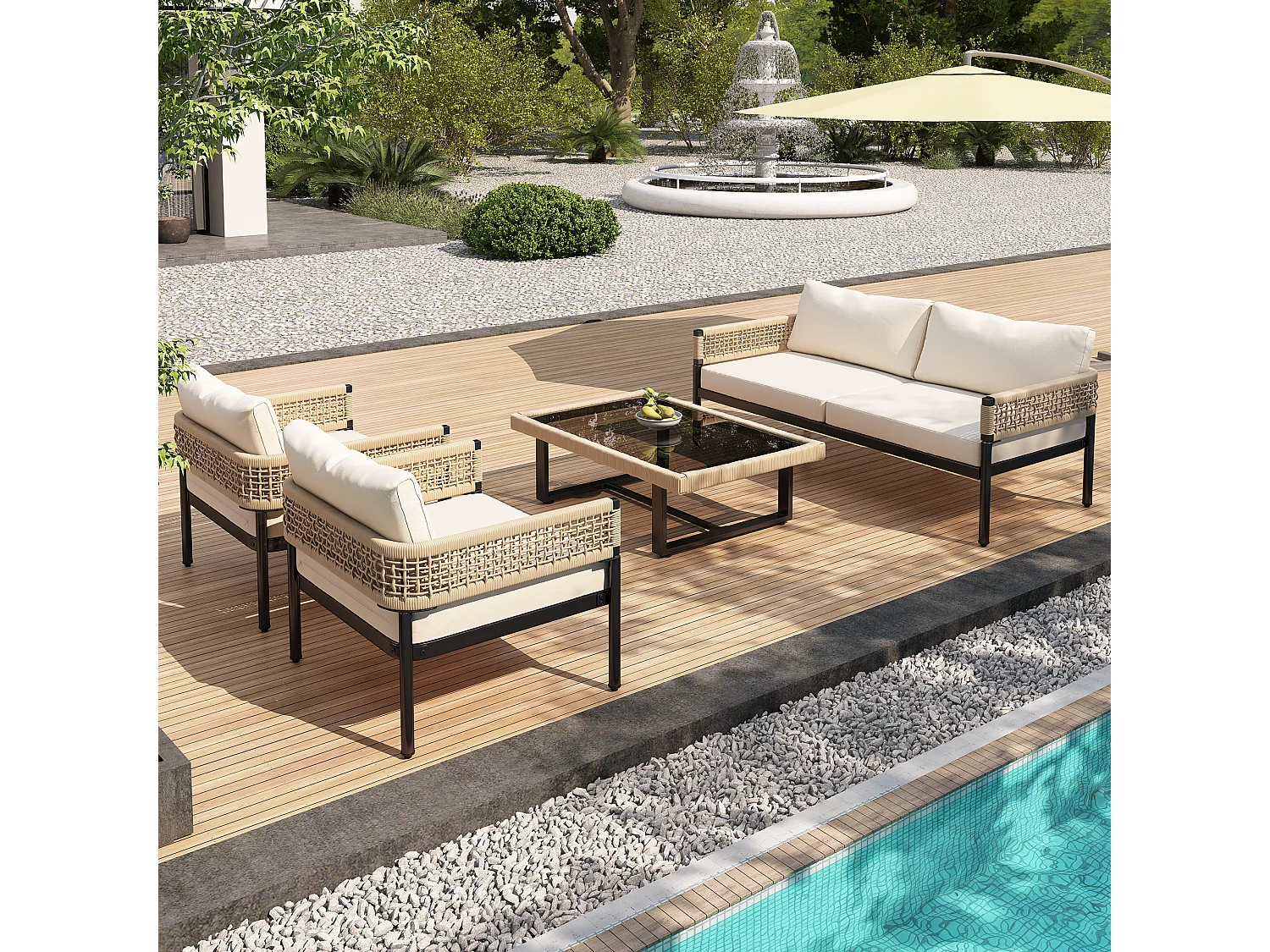Gartenmöbel aus verzinktem Eisen - 2-Sitzer-Sofa, 2 Sessel und ein Couchtisch - Beige