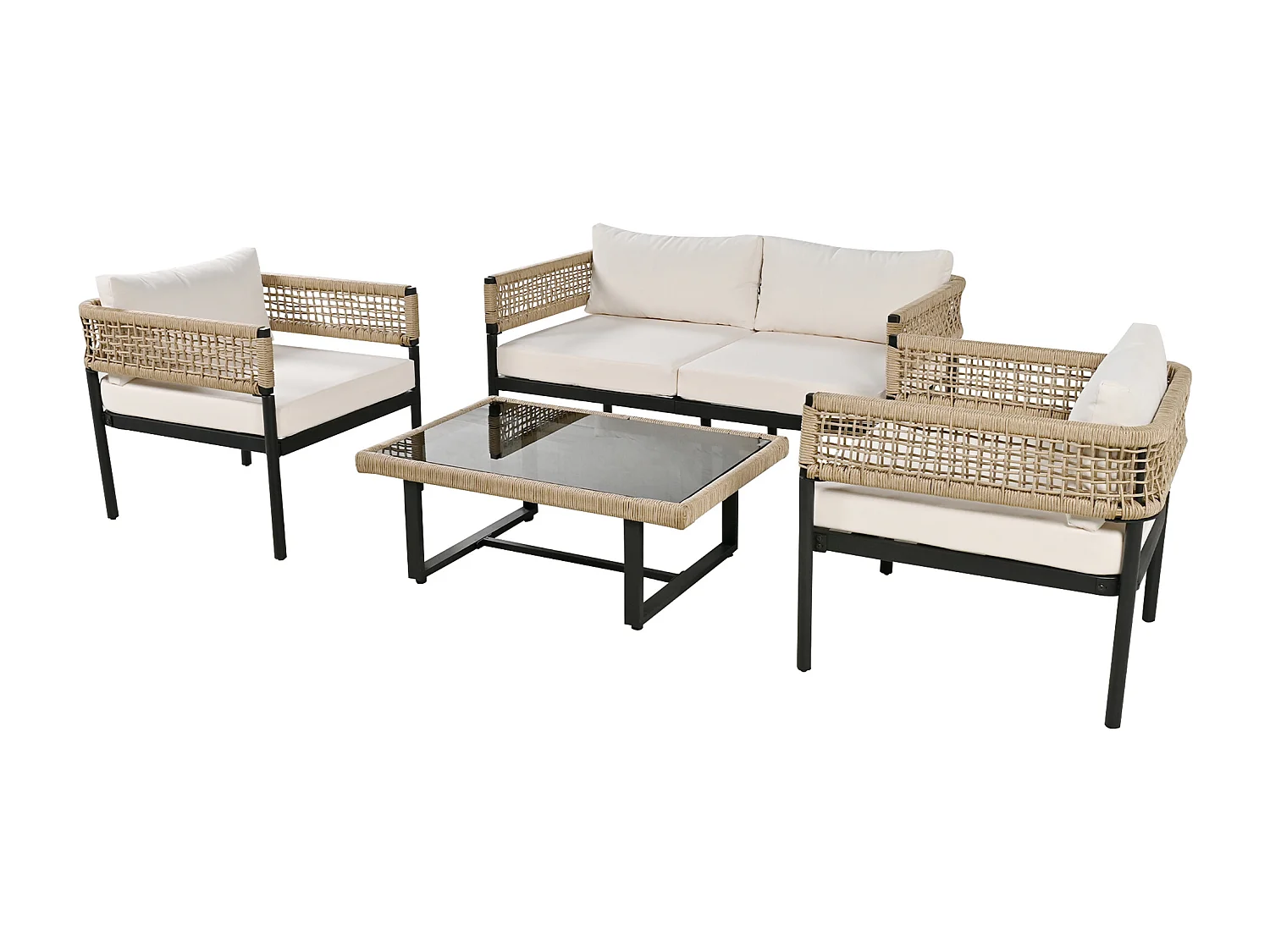 Gartenmöbel aus verzinktem Eisen - 2-Sitzer-Sofa, 2 Sessel und ein Couchtisch - Beige