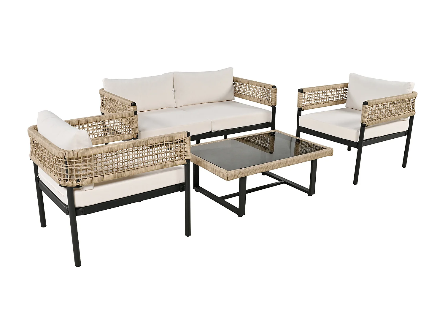 Gartenmöbel aus verzinktem Eisen - 2-Sitzer-Sofa, 2 Sessel und ein Couchtisch - Beige
