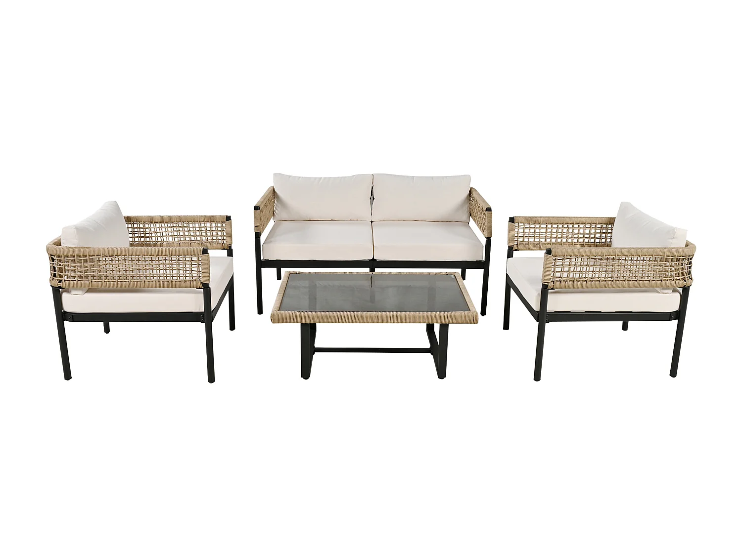 Gartenmöbel aus verzinktem Eisen - 2-Sitzer-Sofa, 2 Sessel und ein Couchtisch - Beige