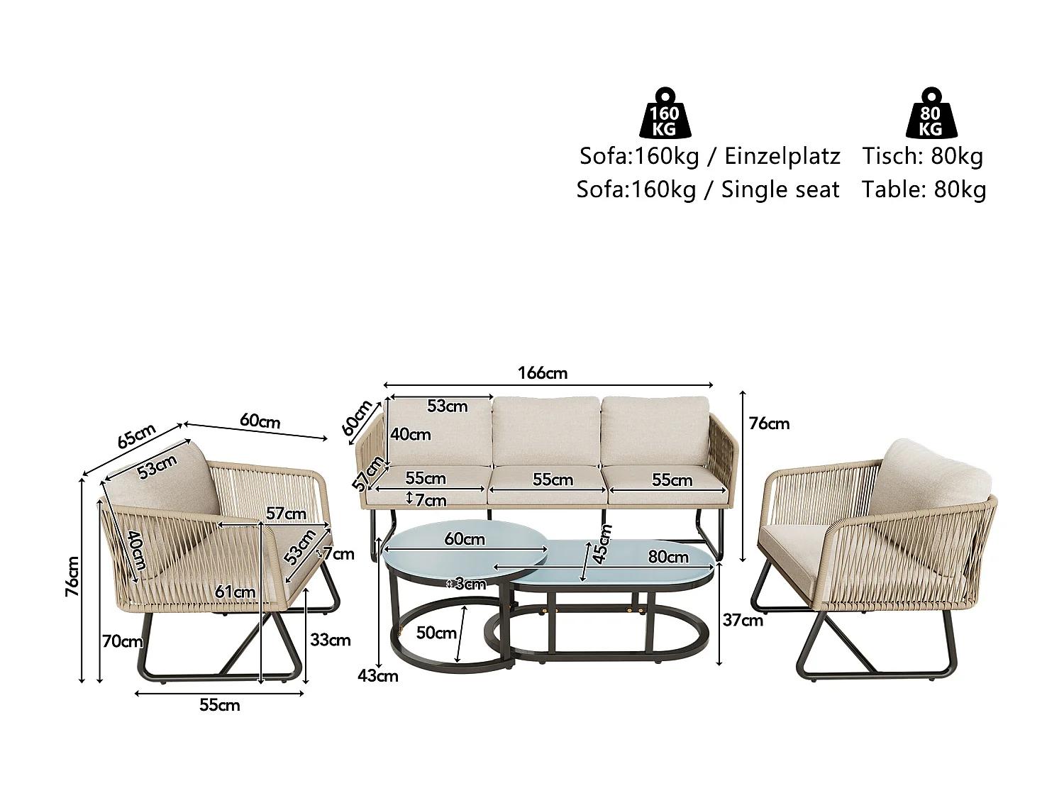 Modulaire tuinmeubelen in gegalvaniseerd ijzer: 1 3-zitsbank + 2 fauteuils + in elkaar passende salontafels - Beige