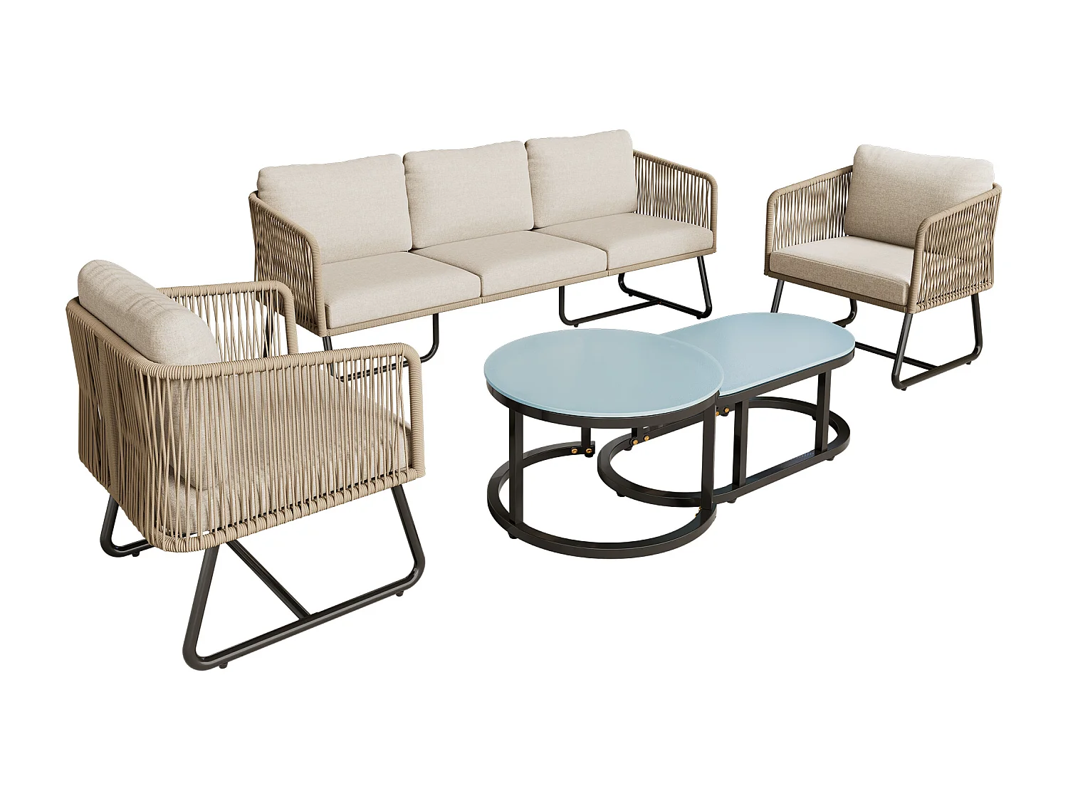 Modulaire tuinmeubelen in gegalvaniseerd ijzer: 1 3-zitsbank + 2 fauteuils + in elkaar passende salontafels - Beige